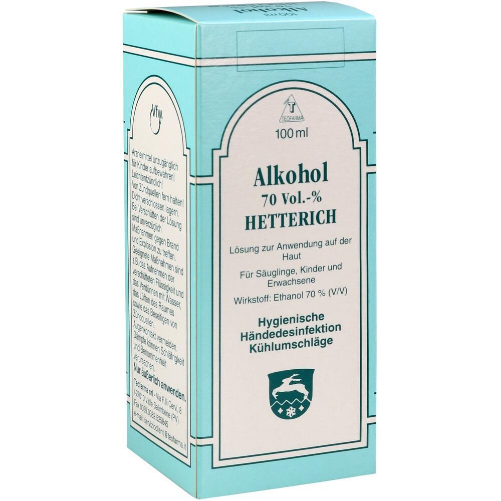 Eine blaue Flasche mit 70% Alkohol f&uuml;r Hautanwendung und Desinfektion.