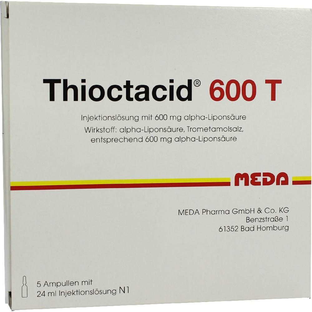 Verpackung von "Thioctacid 600 T" Injektionslösung mit 600 mg Alpha-Liponsäure.