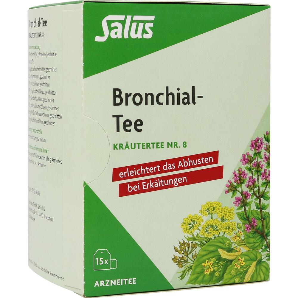 Grüne Teepackung mit Blüten, die Bronchial-Tee gegen Erkältungshusten enthält.