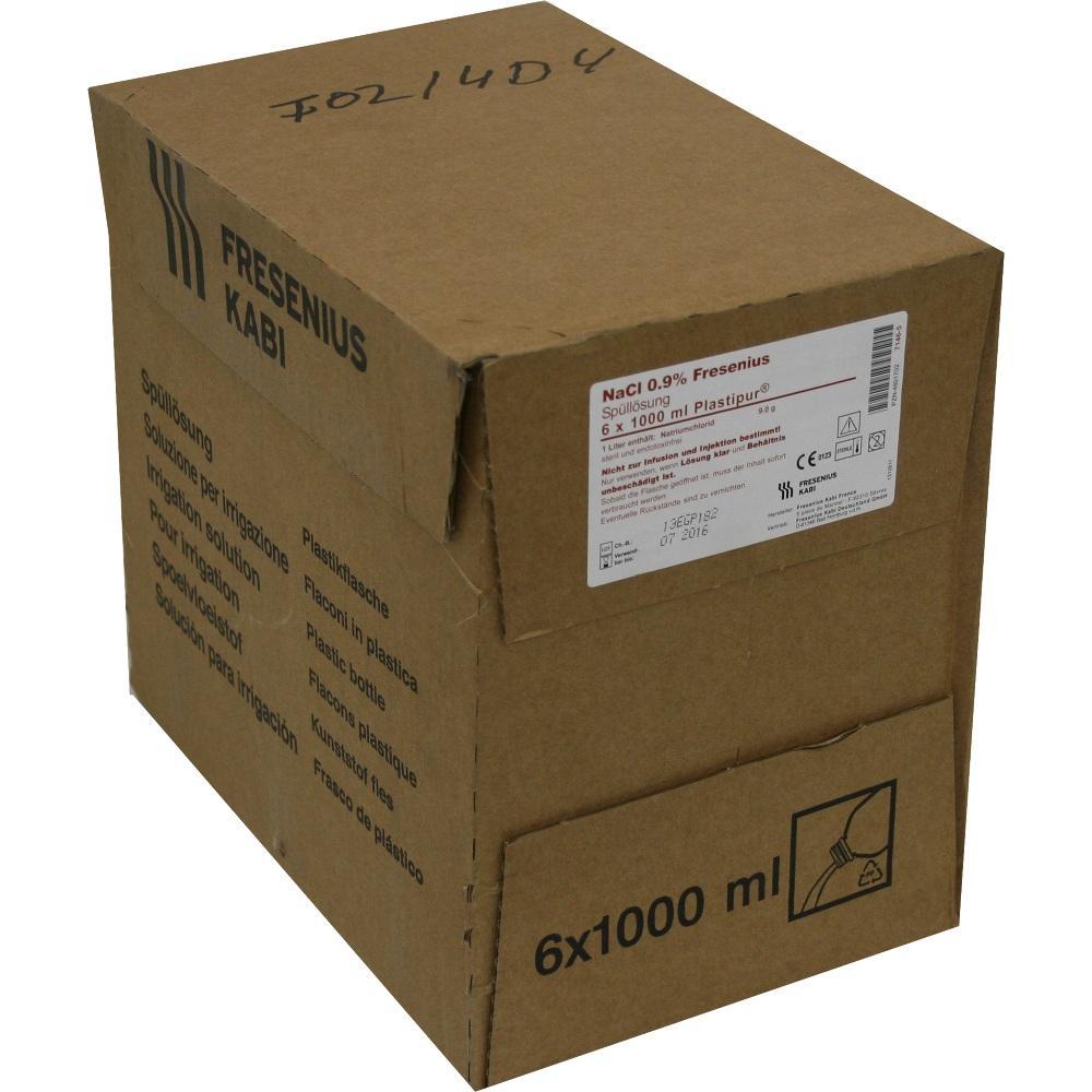 Ein brauner Karton mit Aufdruck "Fresenius Kabi" und Etikett für Kochsalzlösung.