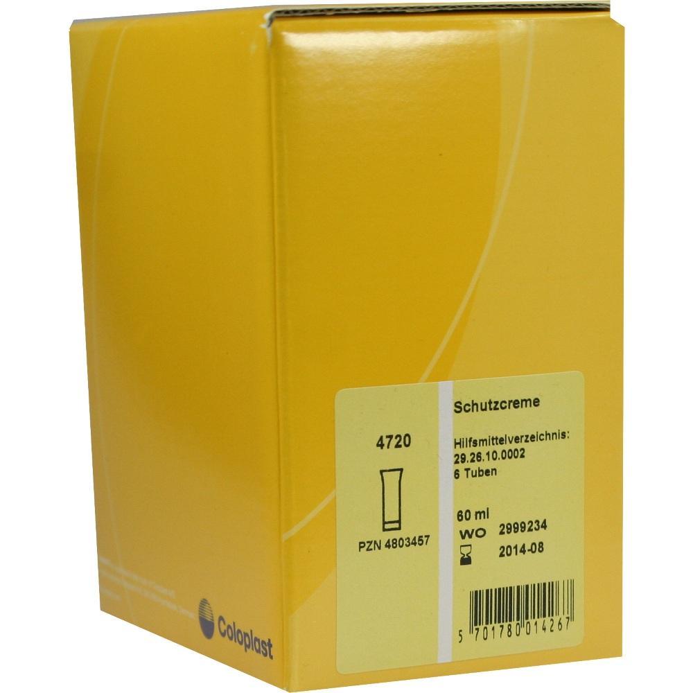 Gelbe Verpackung einer Schutzcreme mit Etikett und Barcode.