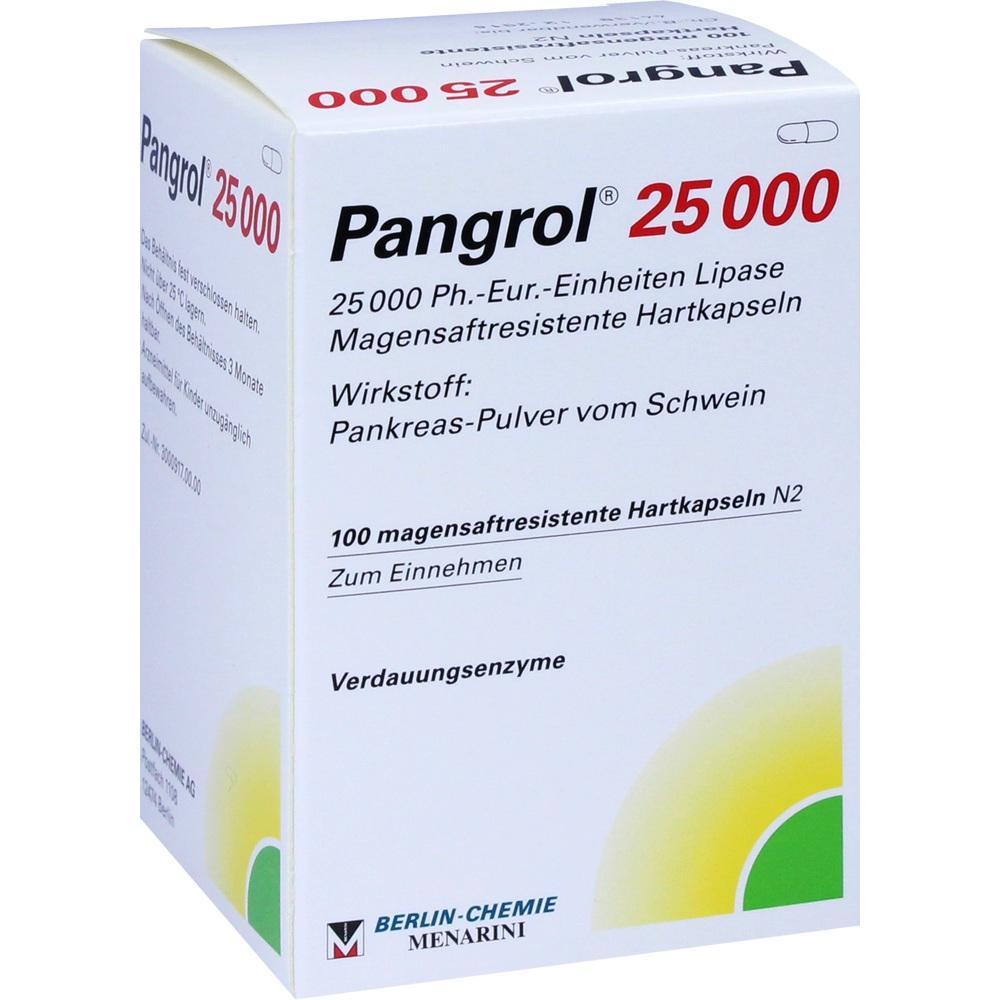 Verpackung von Pangrol 25 000, magensaftresistente Kapseln zur Verdauung mit Enzymen.