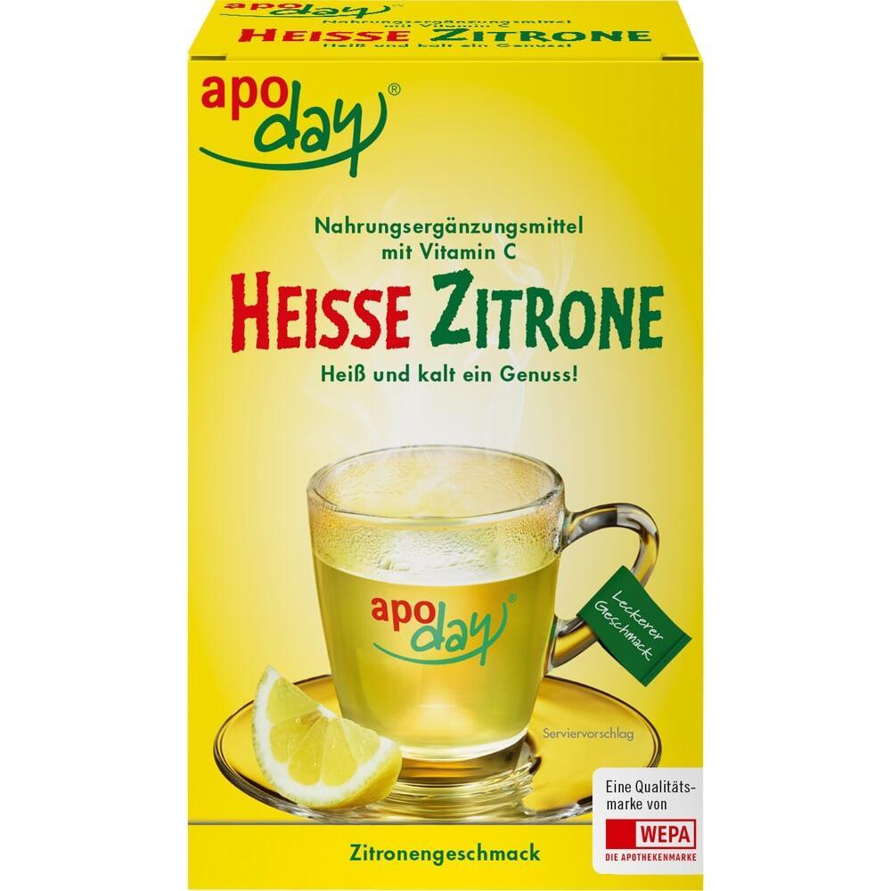 Gelbe Verpackung mit einer Tasse Heißgetränk und Zitronenstück, Vitamin-C-Text.