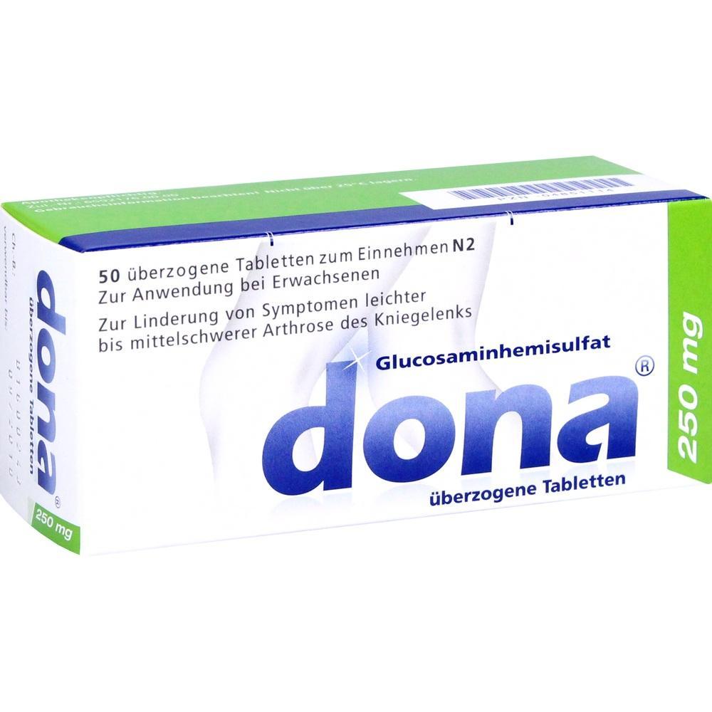 Grüne und weiße Medikamentenschachtel mit der Aufschrift "Dona 250 mg".