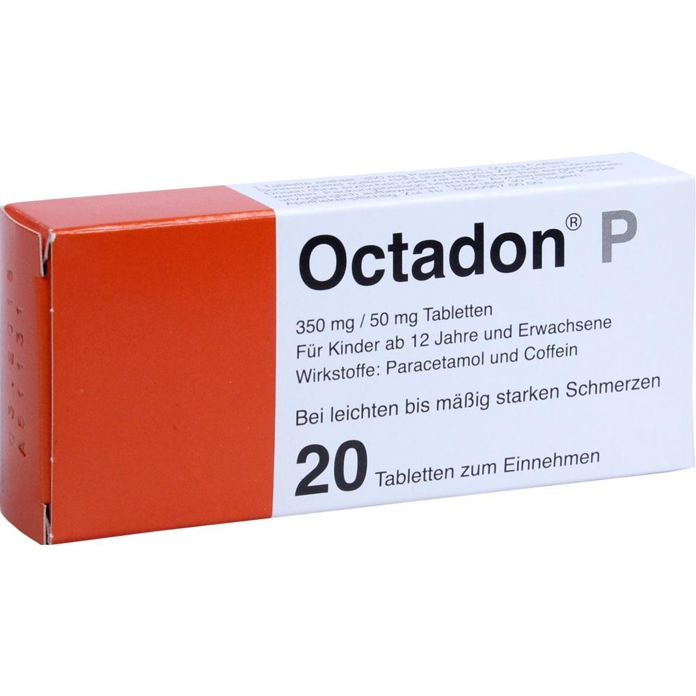 Rote Verpackung mit der Aufschrift „Octadon P“, Schmerztabletten für Kinder ab 12 Jahren.