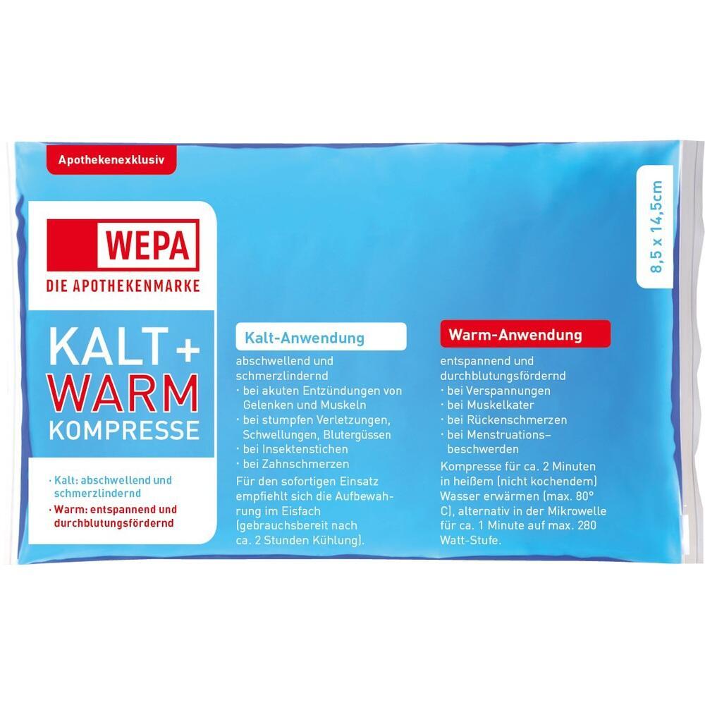 Blauer Beutel mit der Aufschrift „Kalt + Warm Kompresse“ für verschiedene Anwendungen.