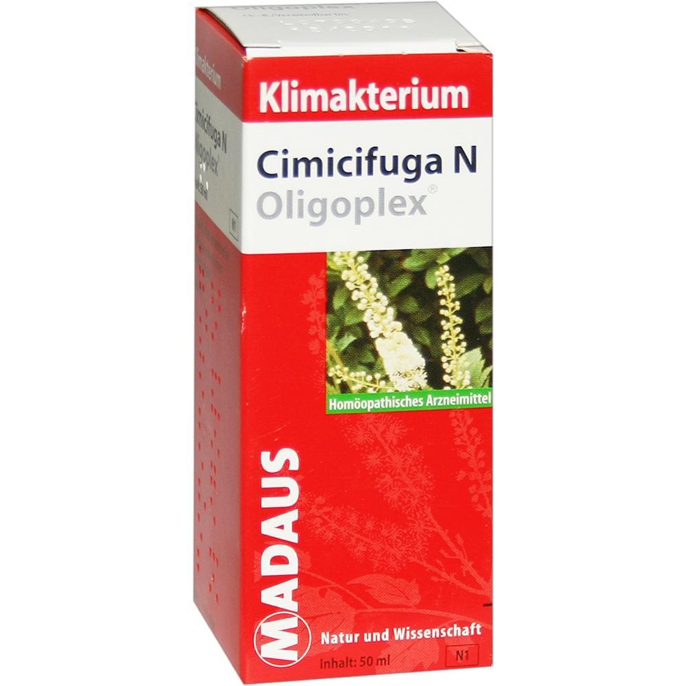 Rote Medikamentenverpackung mit der Aufschrift "Klimakterium Cimicifuga N Oligoplex".