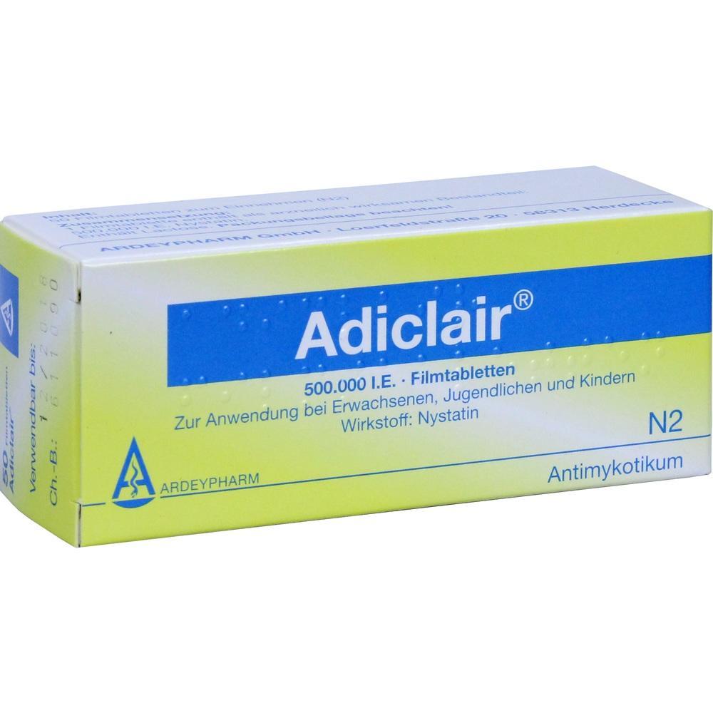 Gelbe Packung Adiclair Filmtabletten, ein Antimykotikum zur Behandlung von Infektionen.