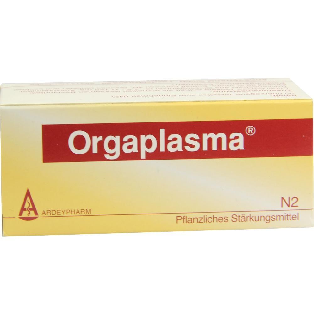 Gelbe Verpackung mit rotem Aufdruck "Orgaplasma", ein pflanzliches St&auml;rkungsmittel.