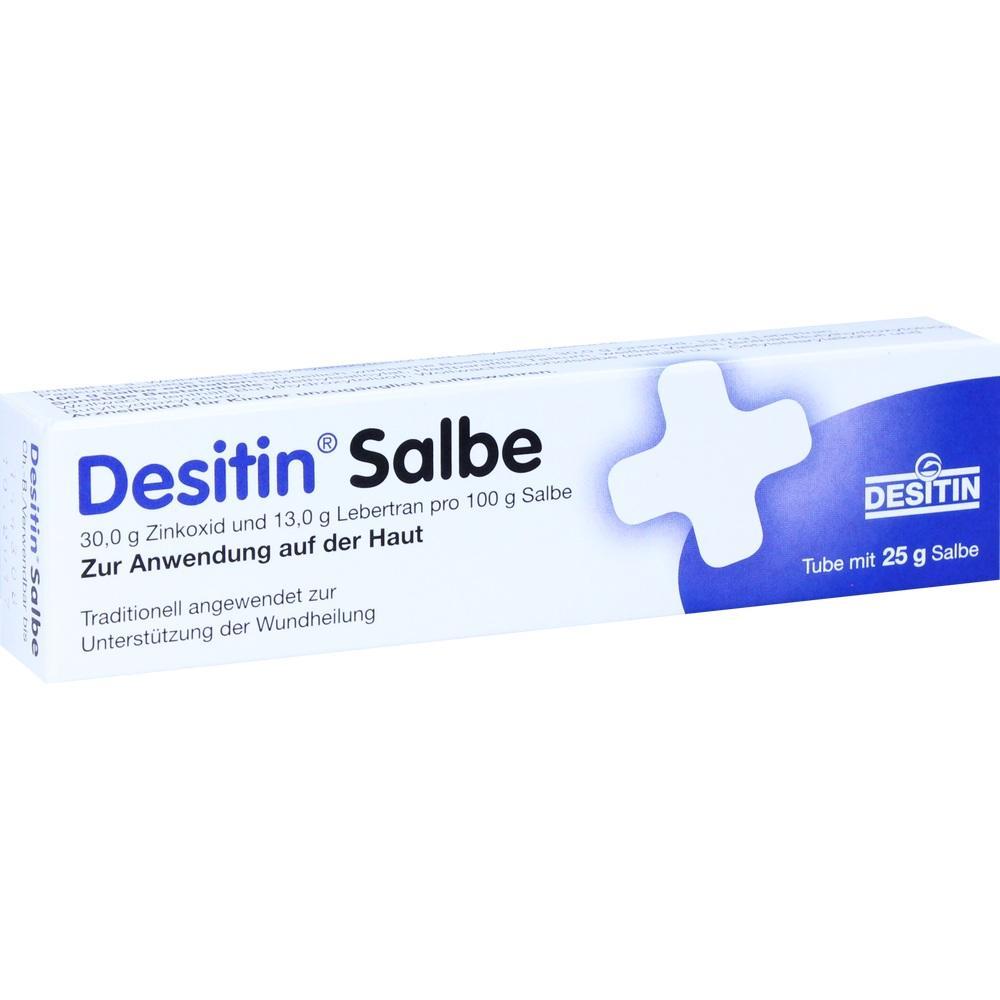 Eine weiße Tube Desitin Salbe zur Hautanwendung mit blauer Aufschrift.