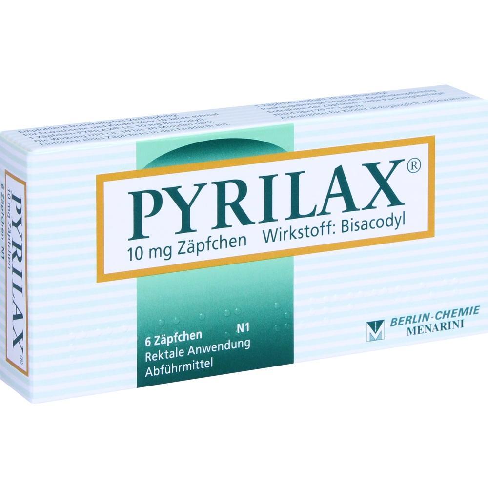 Eine Packung mit Zäpfchen namens Pyrilax, ein Abführmittel.