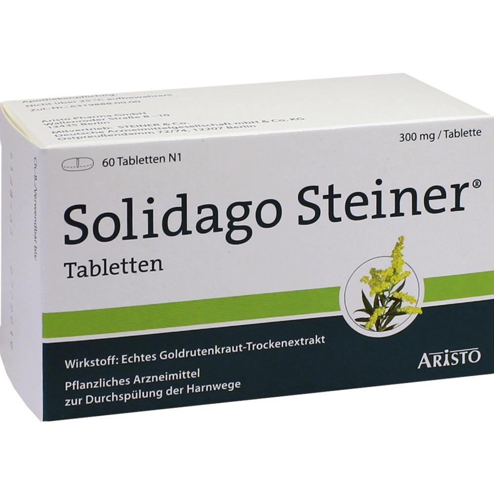 Verpackung von Solidago Steiner Tabletten gegen Harnwegsbeschwerden.