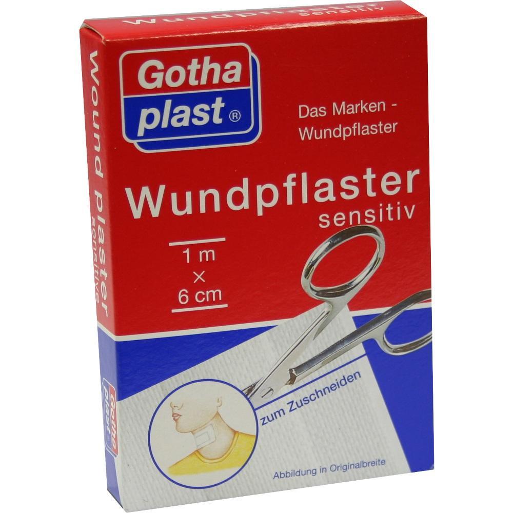 Rote Packung mit Wundpflaster zum Zuschneiden, Abbildung mit Schere und Anwendung am Hals.
