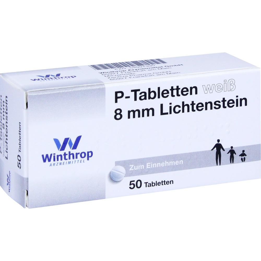 Eine weiße Medikamentenpackung mit der Aufschrift "P-Tabletten 8 mm Lichtenstein".