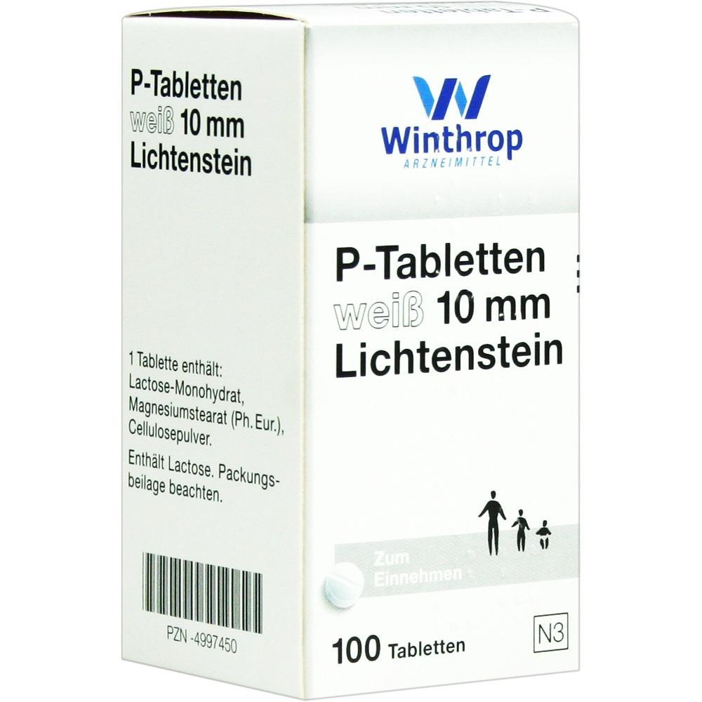 Eine Medikamentenpackung mit der Aufschrift "P-Tabletten weiß 10 mm".