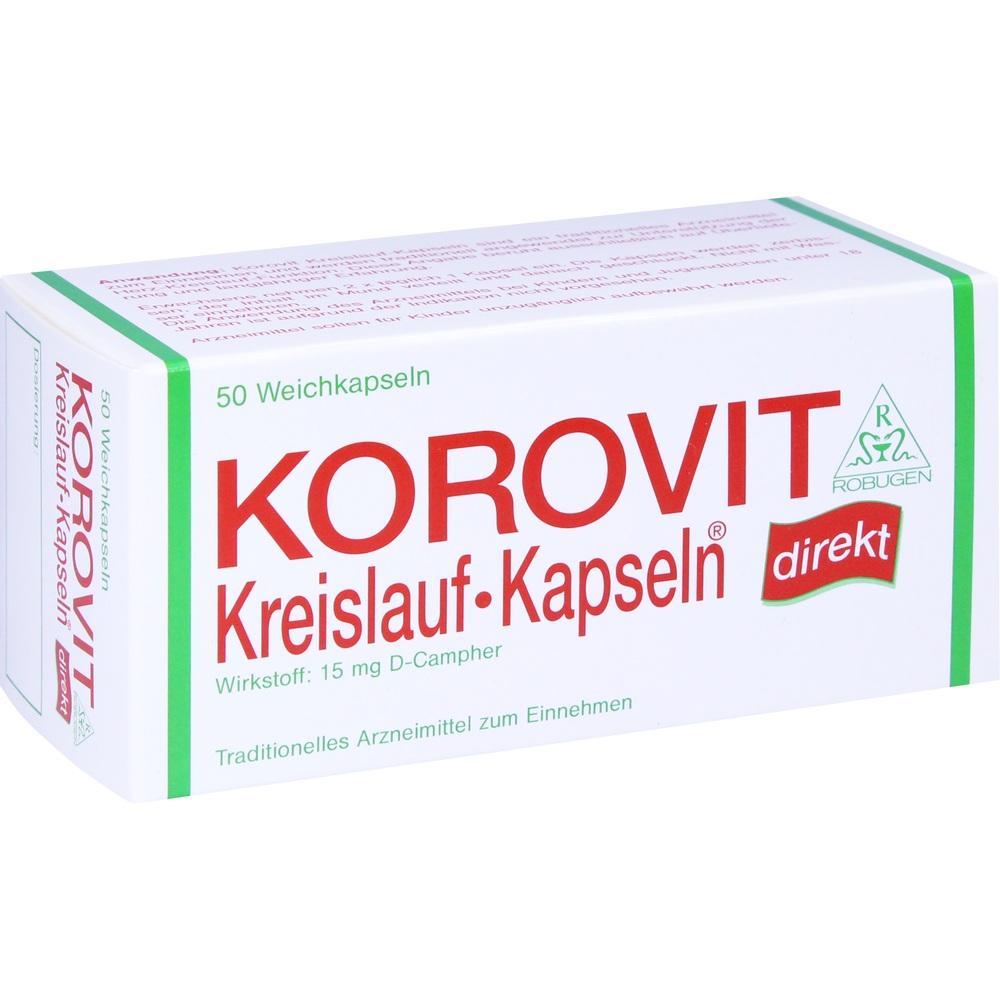 Eine Packung Korovit Kreislauf-Kapseln mit 50 Weichkapseln.