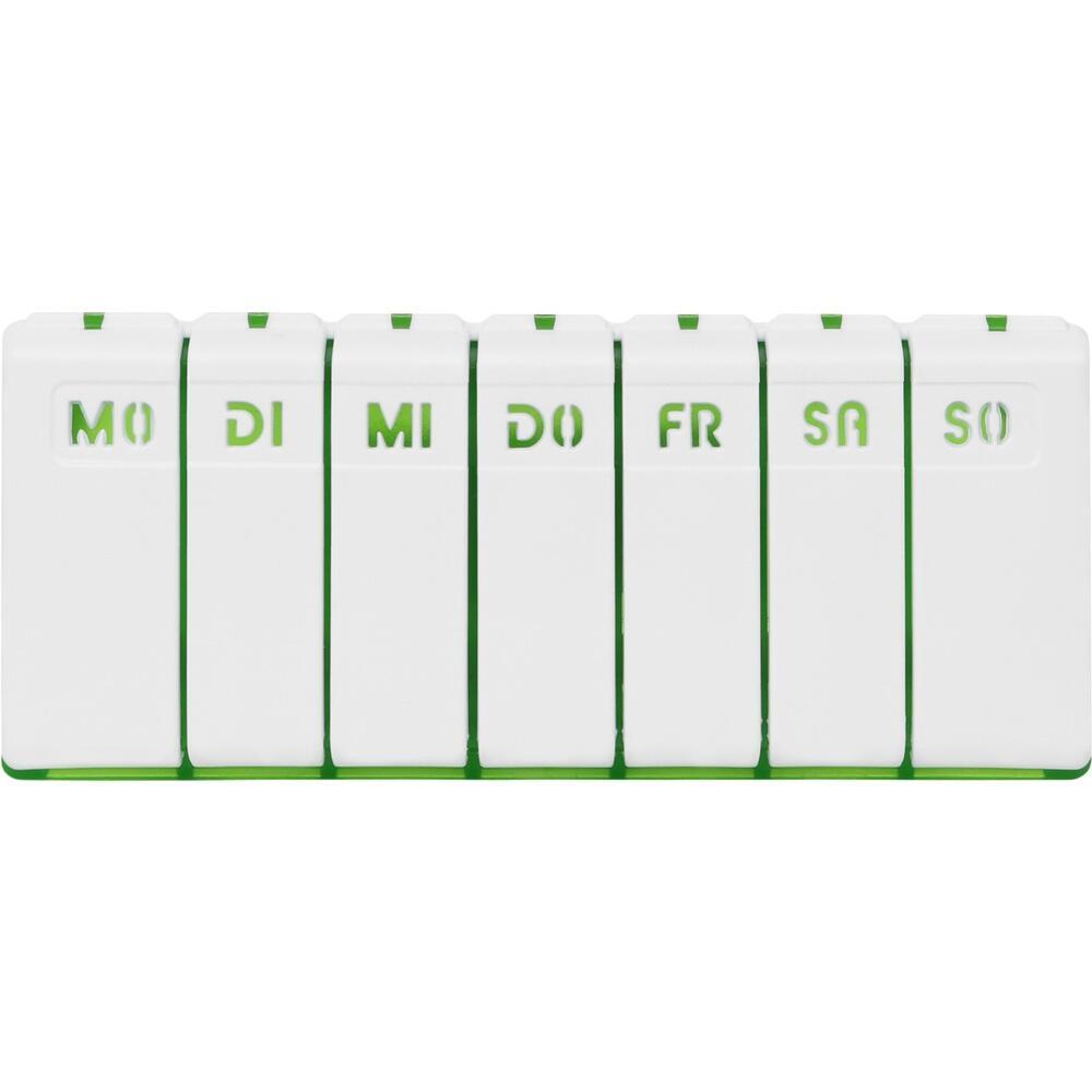 Ein weißer Pillenorganizer mit Wochentagen in grüner Schrift.