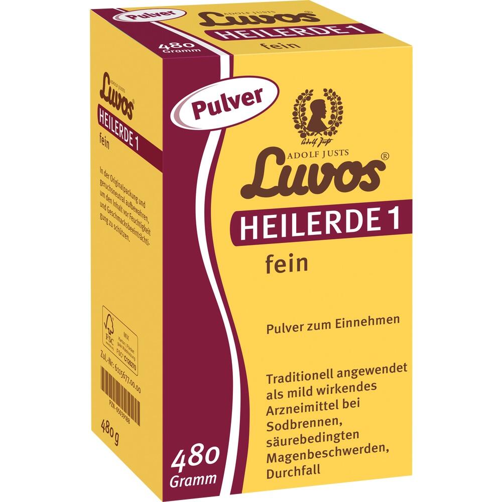 Gelbe Packung Luvos Heilerde 1 fein, Pulver gegen Magenbeschwerden.