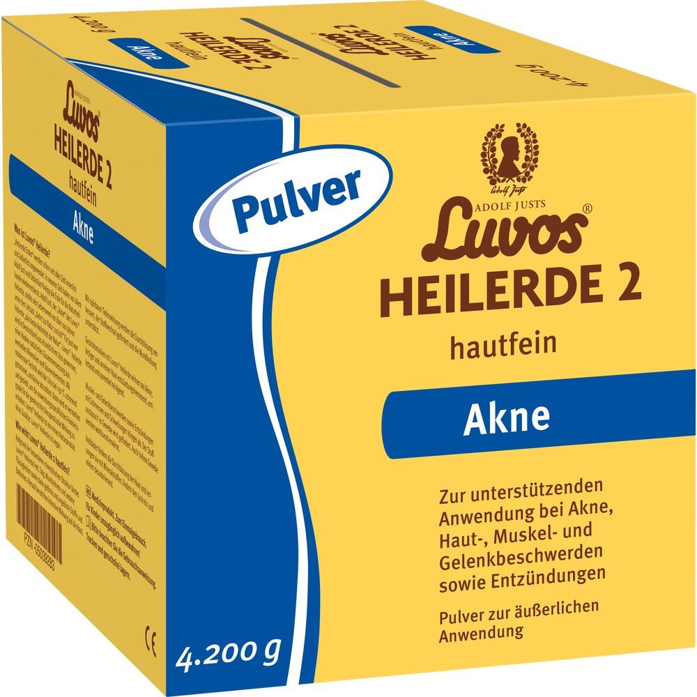 Gelbe Verpackung mit Text, die Heilerde-Pulver für Akne zeigt.