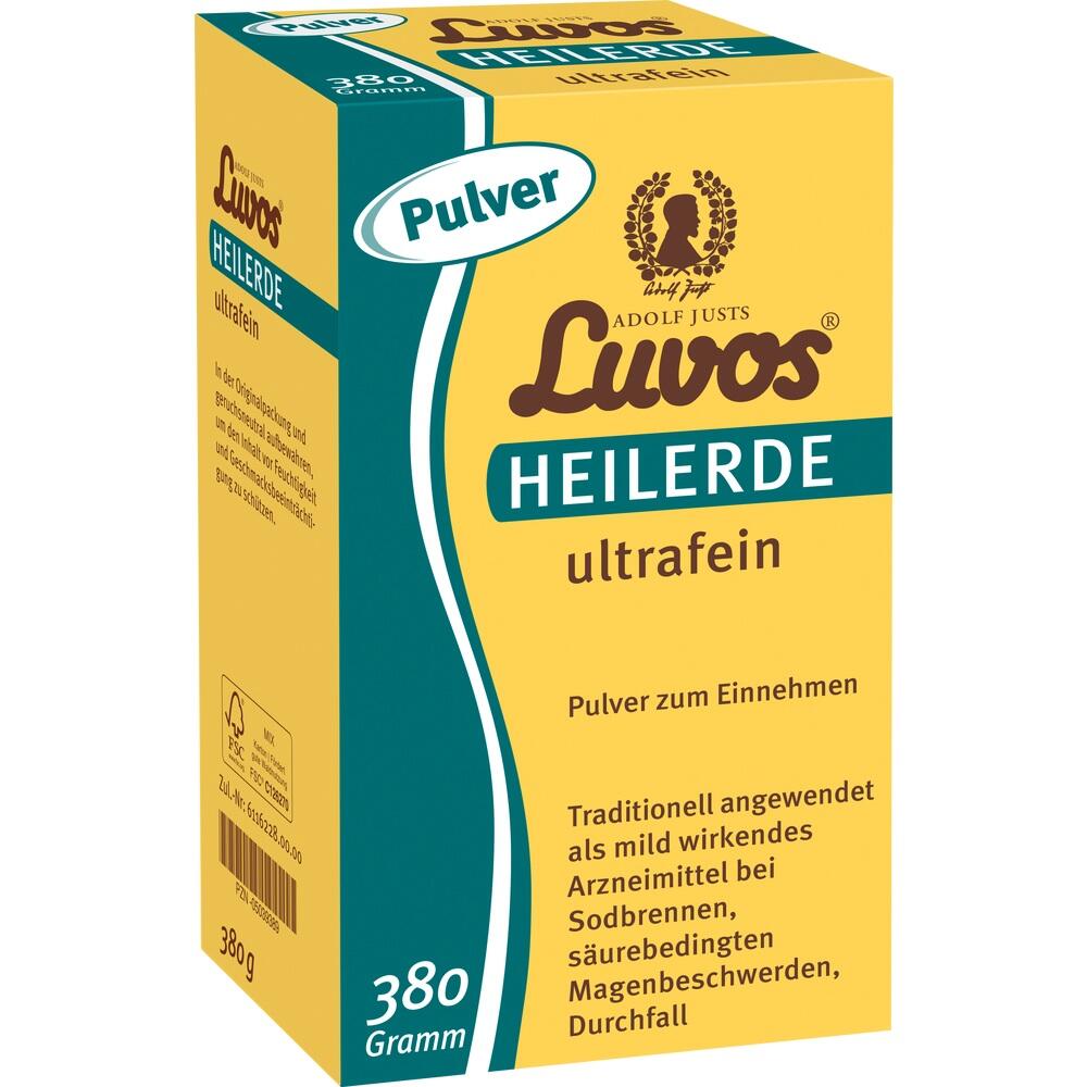 Gelbe Verpackung von Luvos Heilerde Pulver zum Einnehmen, 380 Gramm.