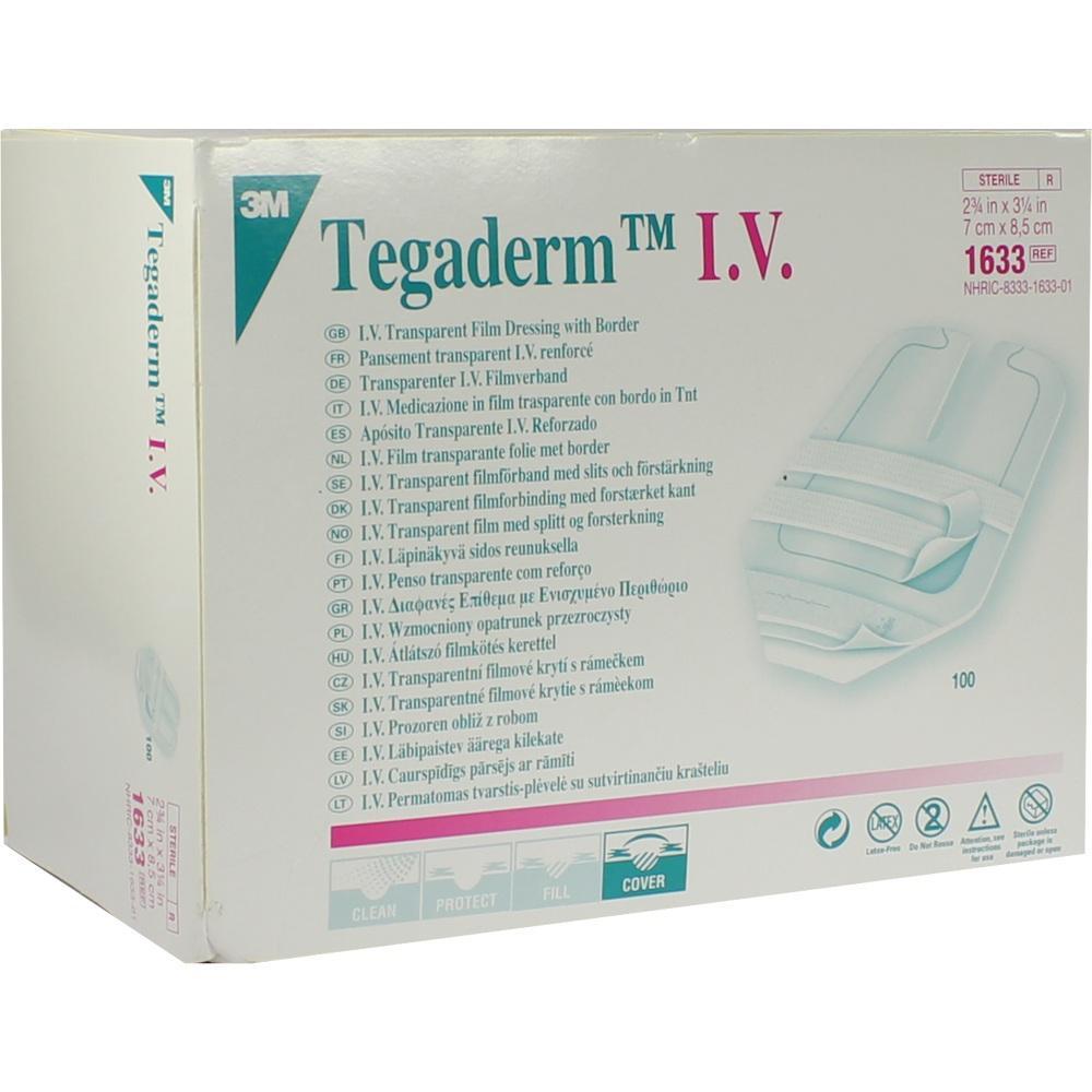 Weiße Verpackung von Tegaderm I.V. mit mehrsprachiger Beschriftung und Bild eines Verbandes.