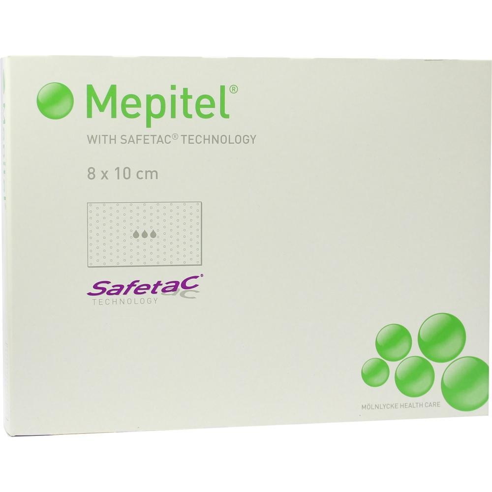 Eine Packung mit einem Pflaster namens Mepitel, das 8 x 10 cm groß ist.
