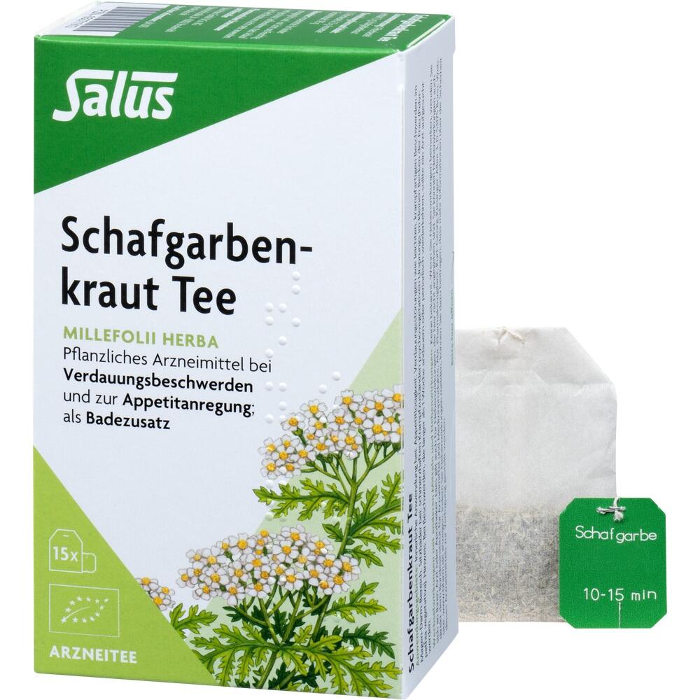 Grüne Packung Schafgarbenkraut Tee mit Teebeutel daneben.