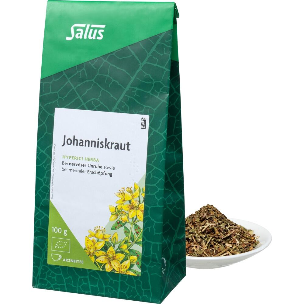 Grüne Packung Johanniskraut-Tee neben einer Schale getrocknetem Kraut.