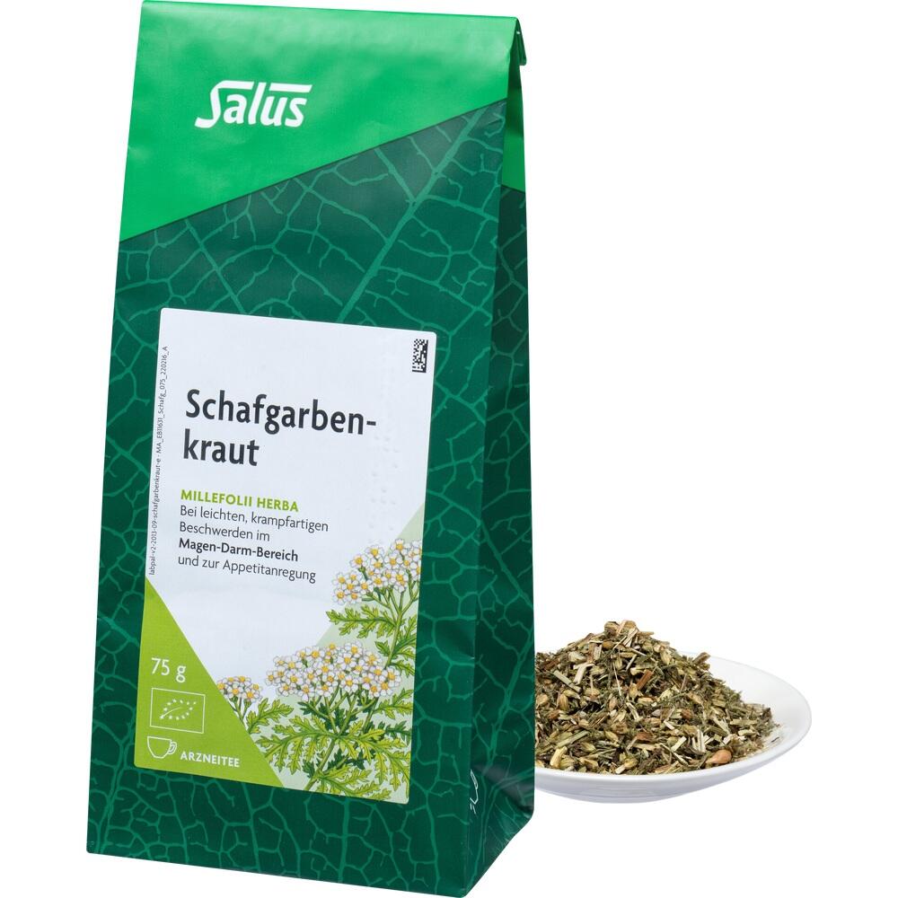 Eine grüne Packung mit Schafgarbenkraut steht neben einem Teller mit getrocknetem Kraut.