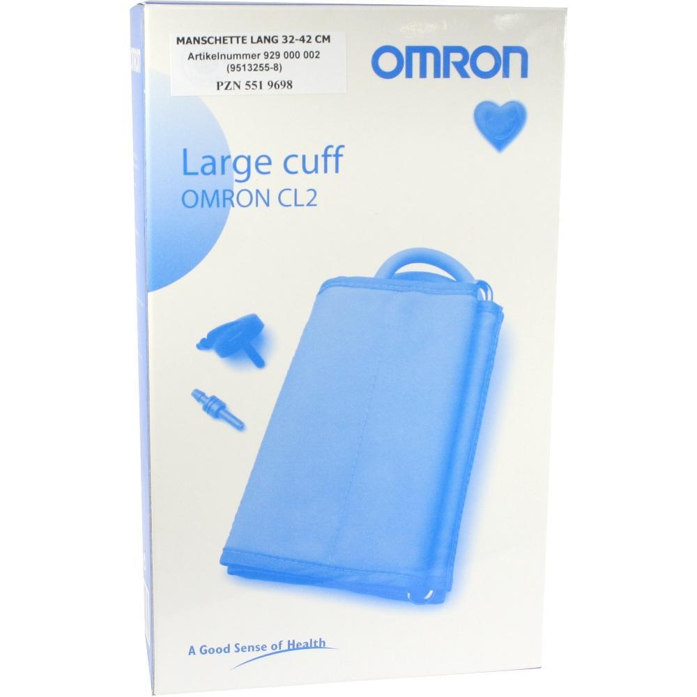 Verpackung einer blauen Blutdruckmanschette von Omron in der Größe 32-42 cm.