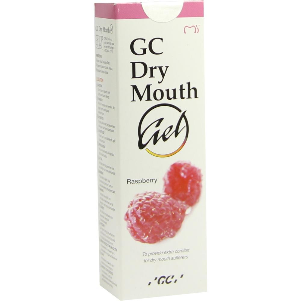 Wei&szlig;e Packung mit der Aufschrift "GC Dry Mouth Gel" und Himbeerbild.