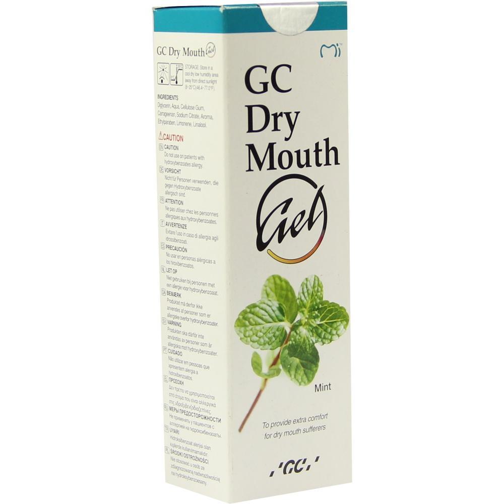 Eine wei&szlig;e Verpackung mit der Aufschrift "GC Dry Mouth Gel" und einem Minzblatt-Bild.