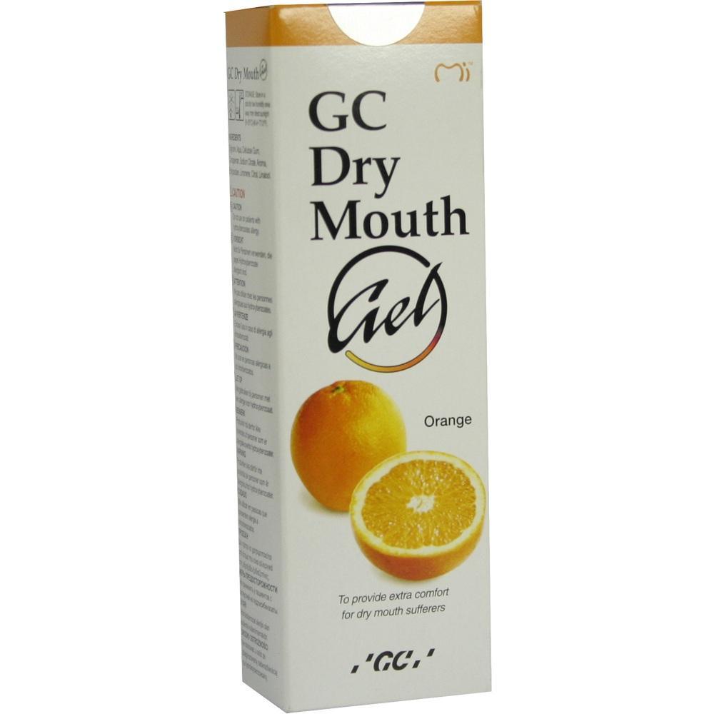 Verpackung von GC Dry Mouth Gel mit Orangenmotiv.