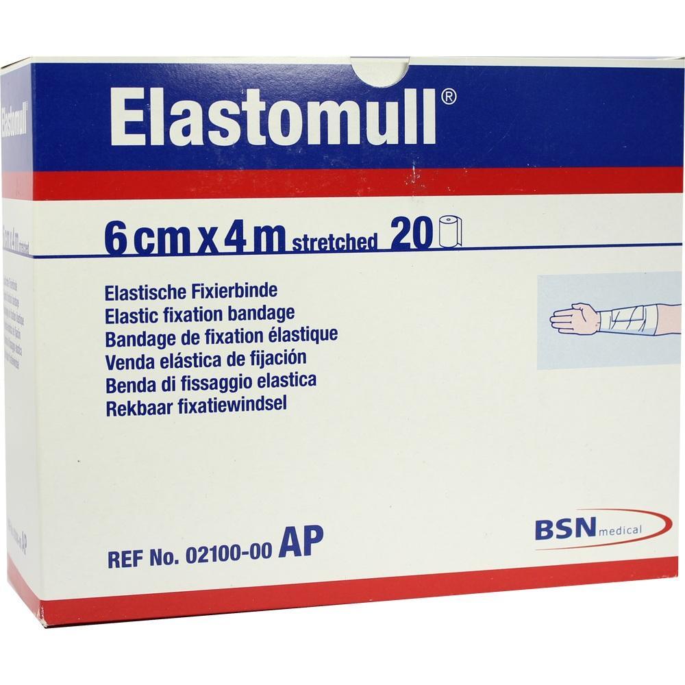 Verpackung einer elastischen Fixierbinde der Marke Elastomull mit Maßen 6 cm x 4 m.