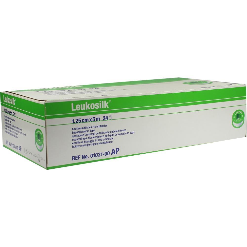 Eine grün-weiße Verpackung mit der Aufschrift "Leukosilk" für medizinisches Klebeband.