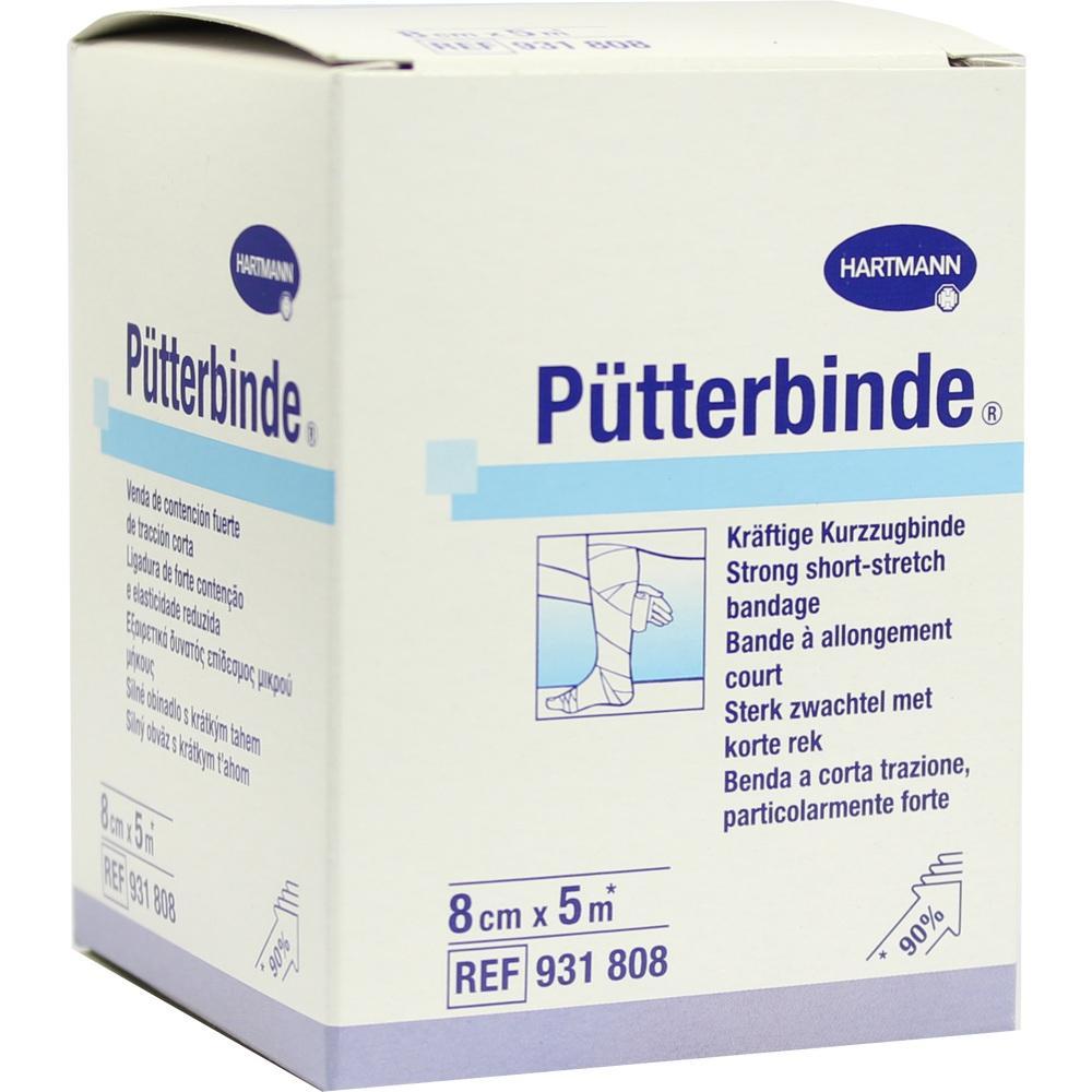 Eine Packung Pütterbinde, 8 cm breit und 5 m lang, mit Abbildung eines umwickelten Beins.