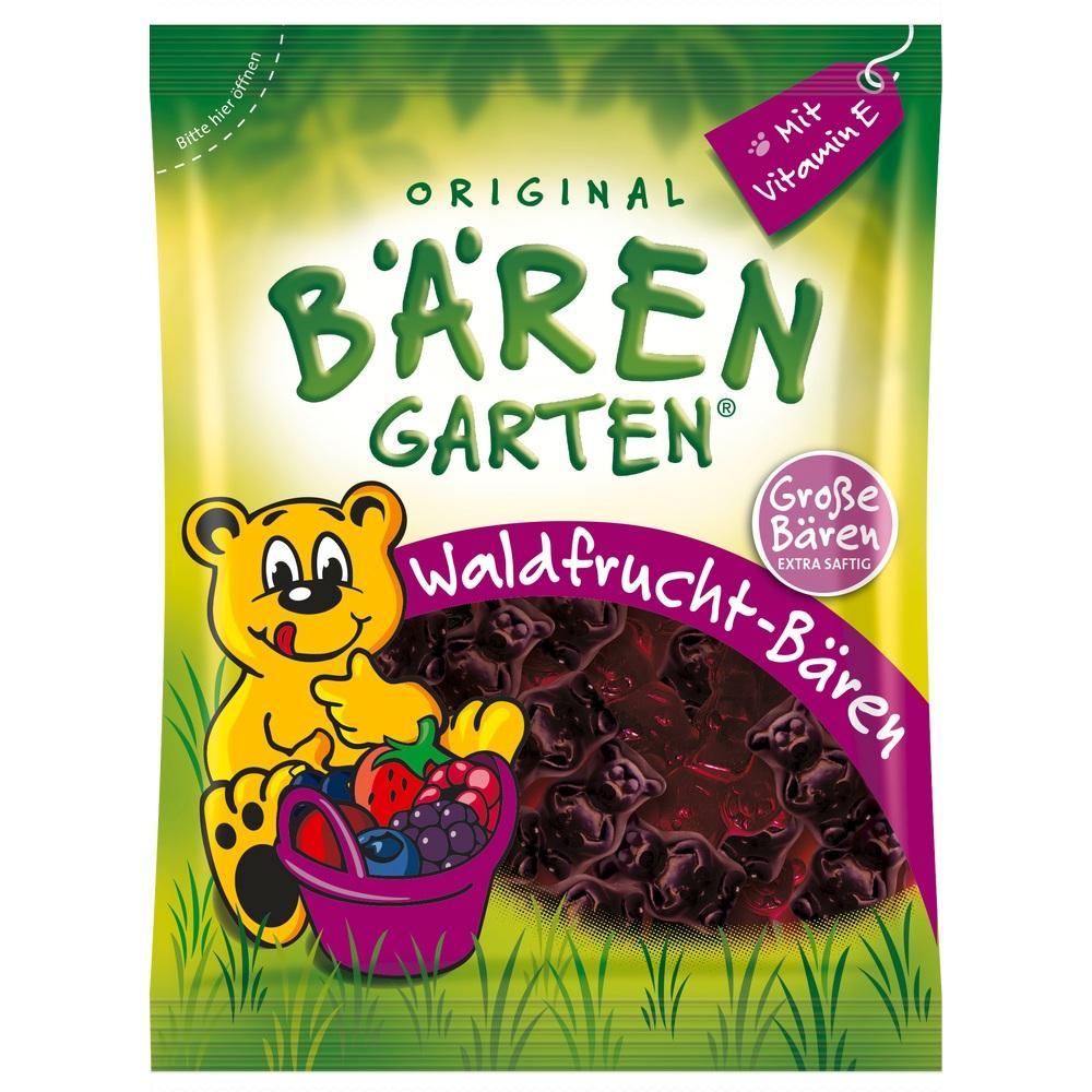 Ein Beutel mit Waldfrucht-Gummibären und lustigem Bärenbild darauf.