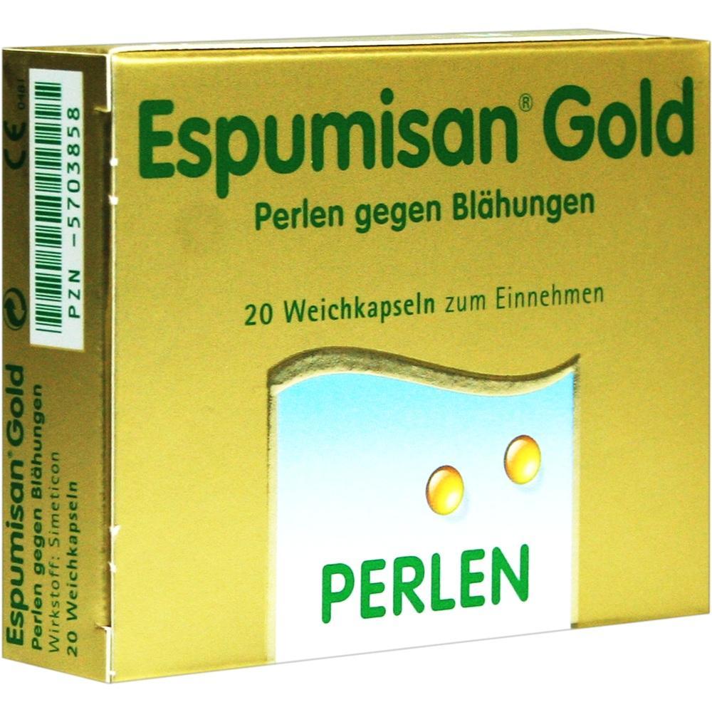 Eine gelbe Verpackung mit der Aufschrift "Espumisan Gold" für 20 Weichkapseln gegen Blähungen.