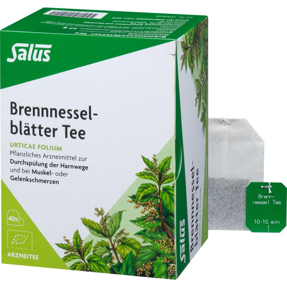 Packung mit Brennnesselblätter-Tee und einem Teebeutel daneben.