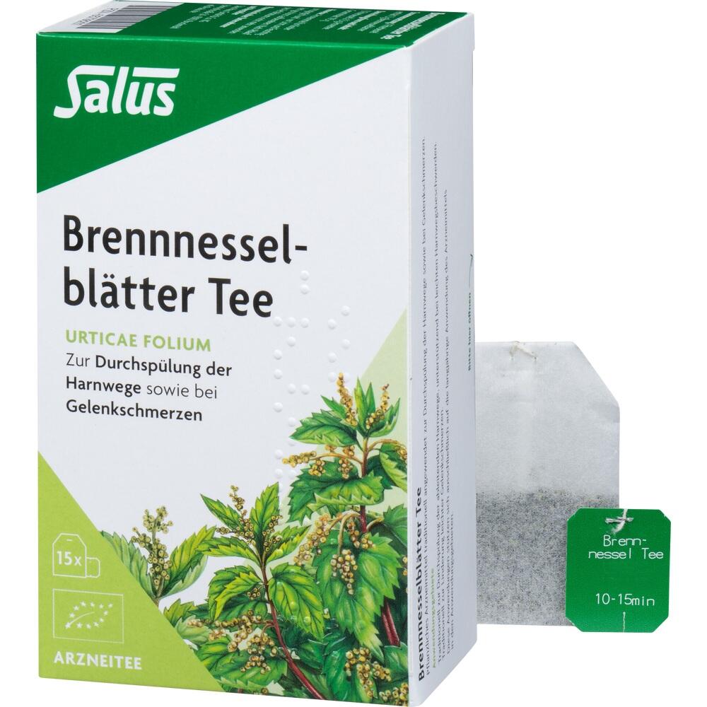 Grüne Packung Brennnesselblätter-Tee mit Teebeutel daneben.