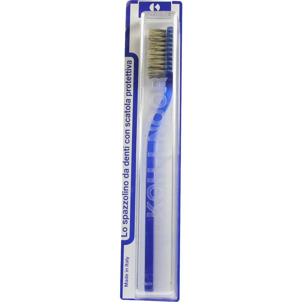 Eine blaue Zahnbürste in einer transparenten Verpackung.