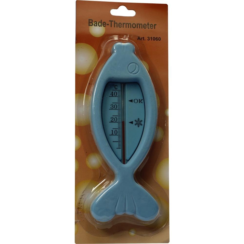 Ein blaues Fisch-Form-Thermometer in einer Verpackung zur Messung der Badewassertemperatur.