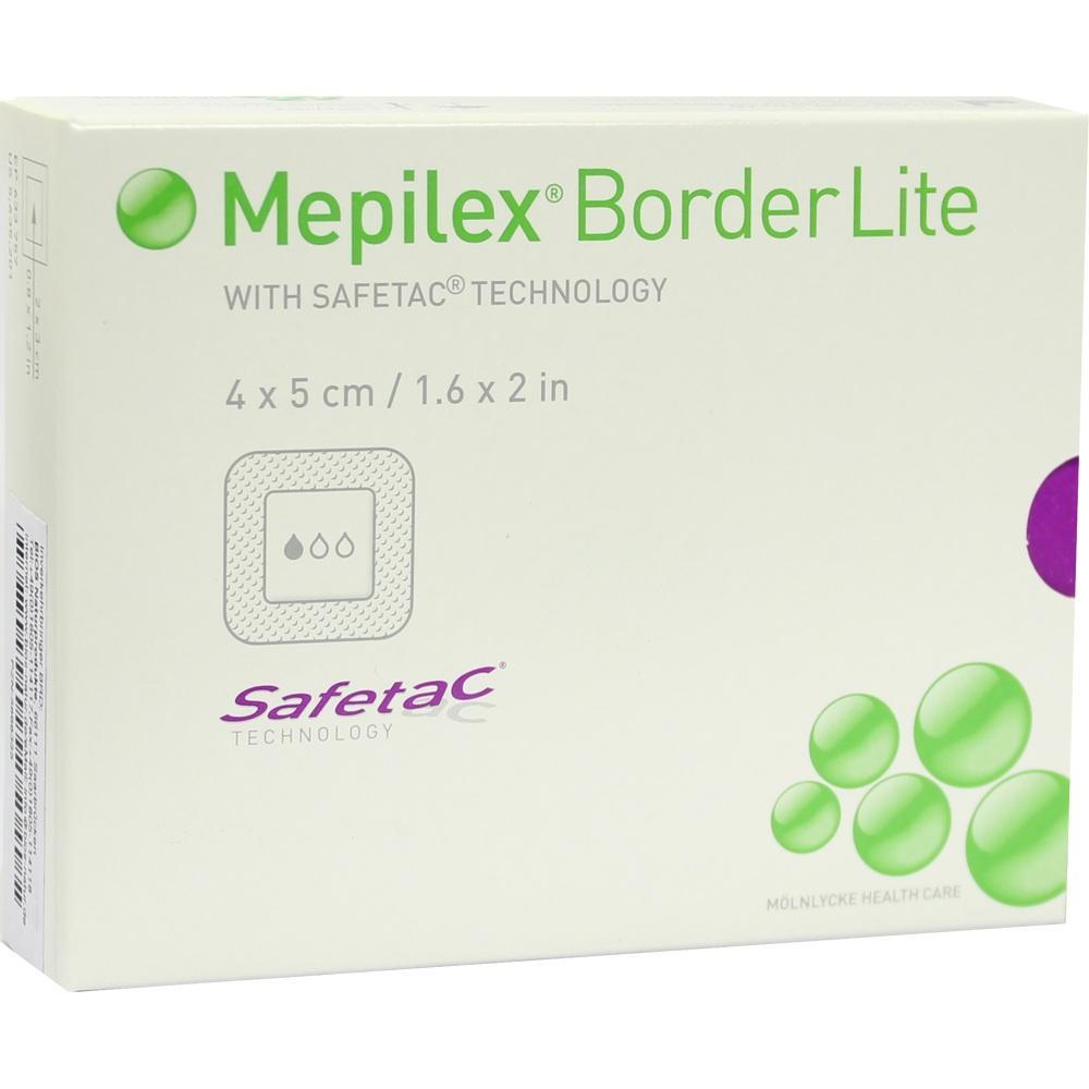 Verpackung von Mepilex Border Lite Wundverband mit grünen und lila Punkten.