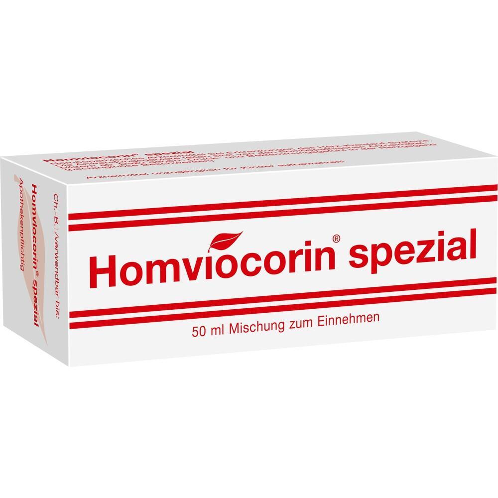 Weiße Verpackung mit rotem Text "Homviocorin spezial", 50 ml Mischung zum Einnehmen.