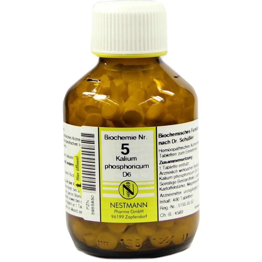 Braunes Glasfläschchen mit weißen Tabletten und Etikett "Biochemie Nr. 5 Kalium phosphoricum".