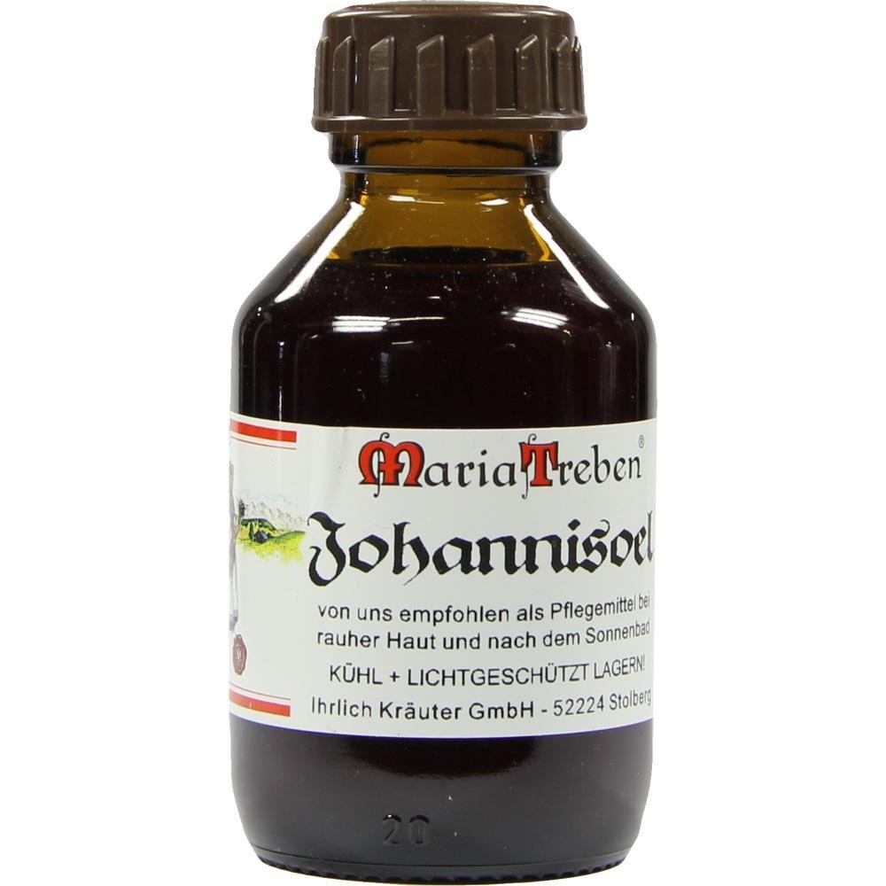 Eine braune Flasche mit dem Etikett "Maria Treben Johannis&ouml;l".