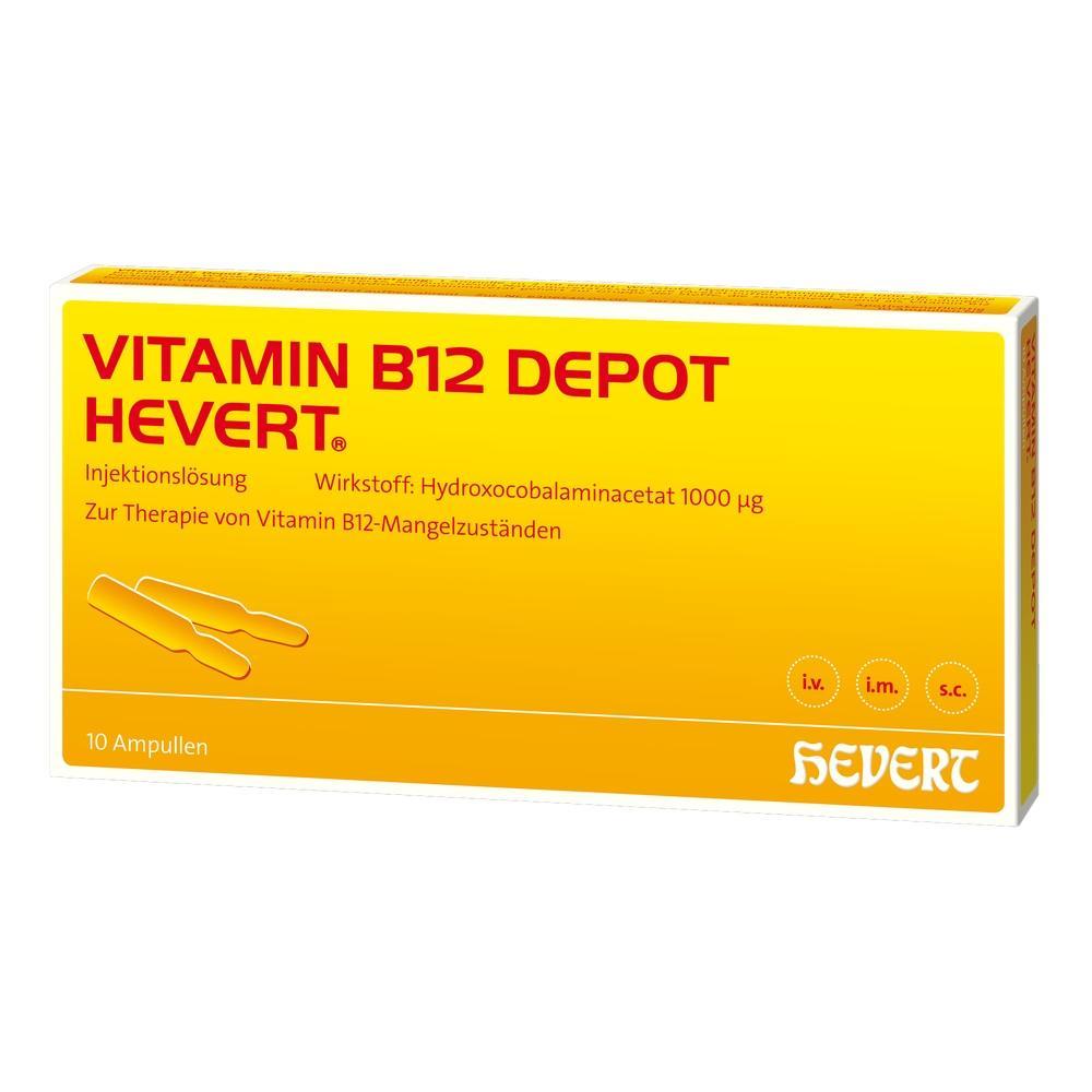 Gelbe Verpackung von Vitamin B12 Depot Injektionslösung mit 10 Ampullen.
