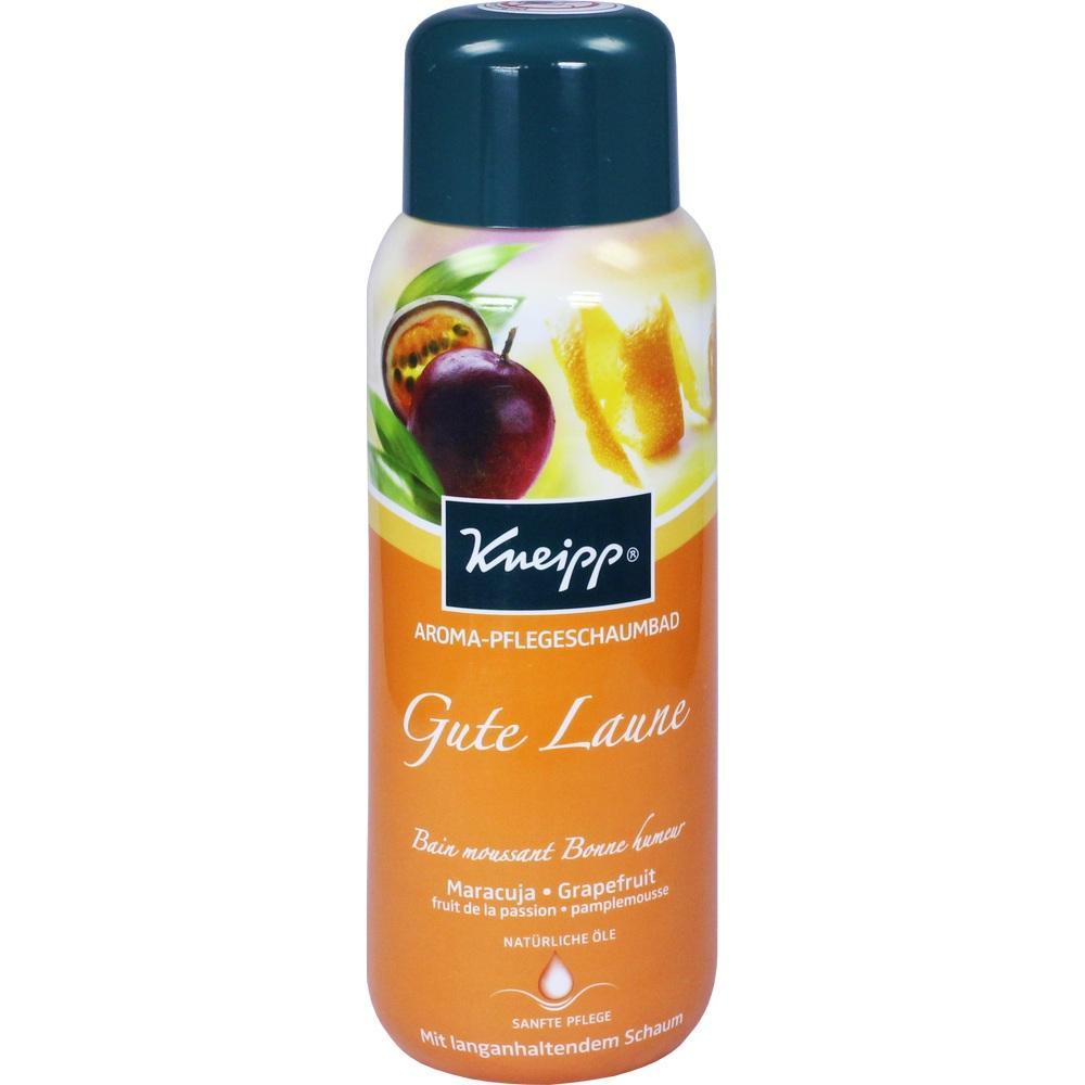 Orange Badeflasche mit Maracuja- und Grapefruit-Aufdruck.