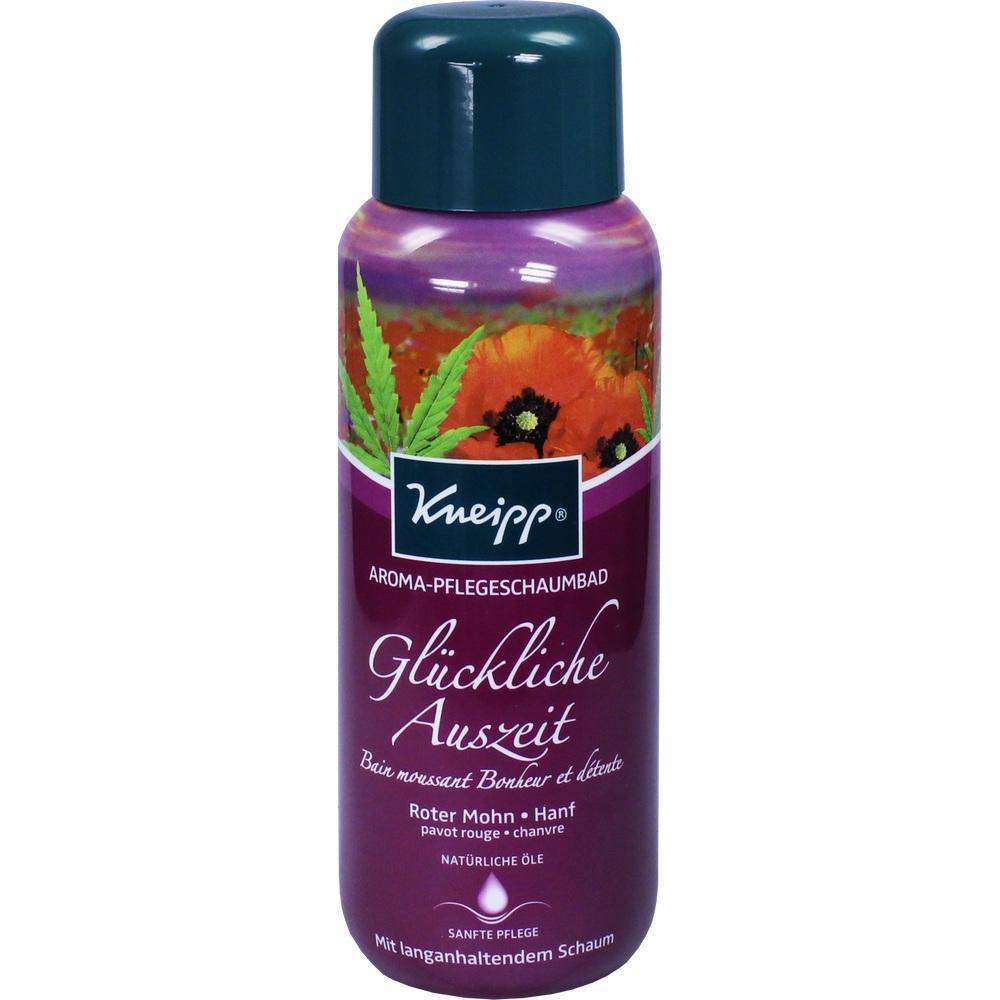 Lila Flasche mit roter Mohnblume und grünem Blatt, Badezusatz von Kneipp.