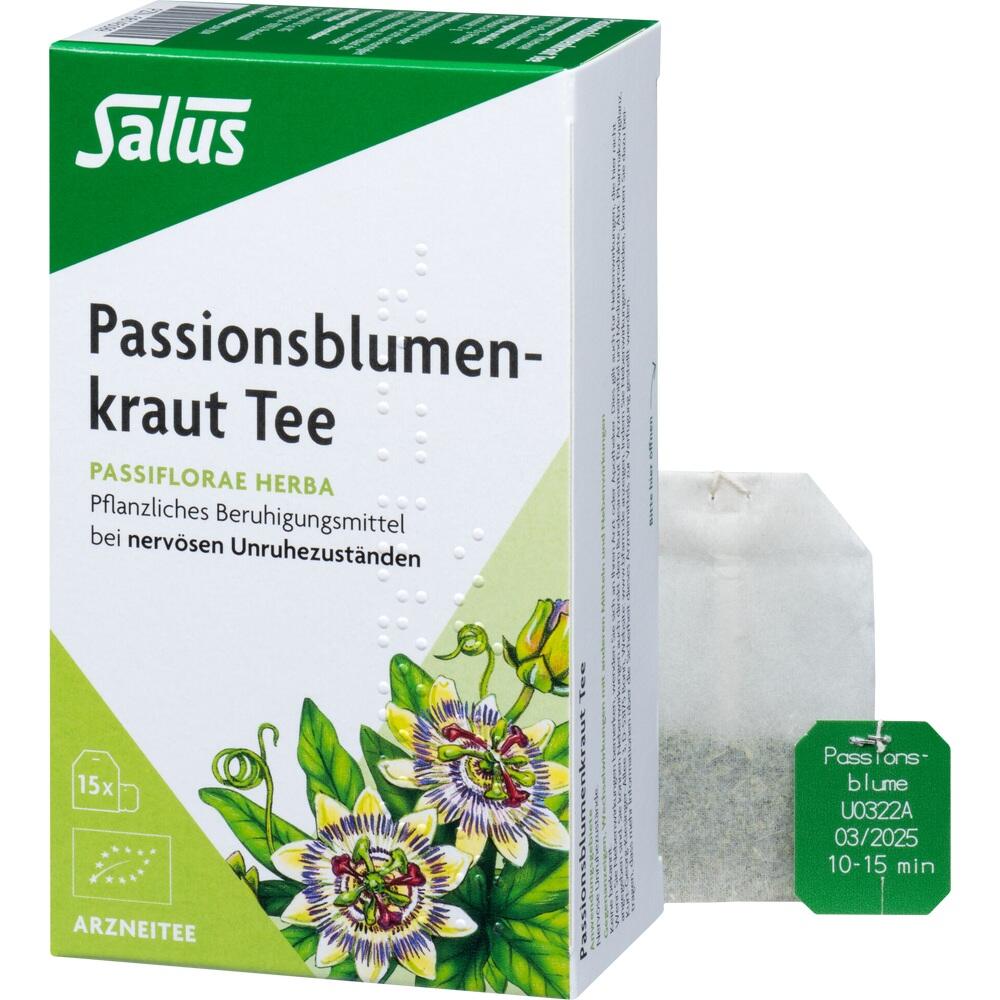Schachtel Passionsblumen-Tee mit Beruhigungswirkung und ein Teebeutel daneben.